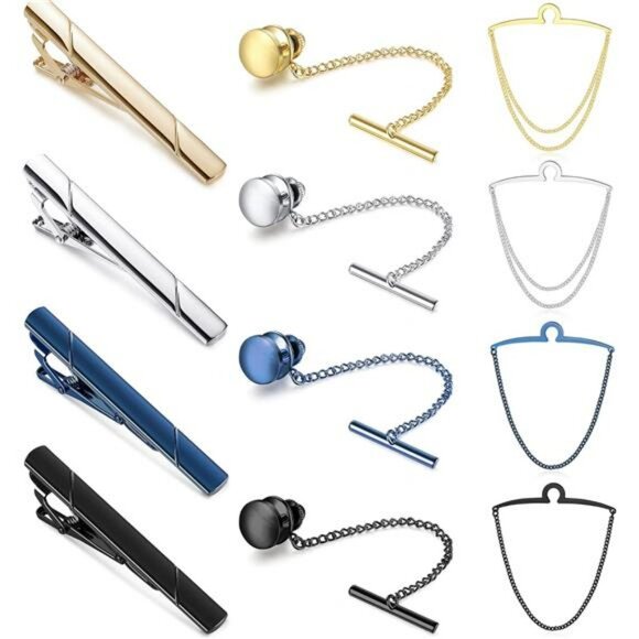 Men's Tie Clips Set with Chains Gold Silver Black Blue Formal Wedding Gift - Picture 1 of 7